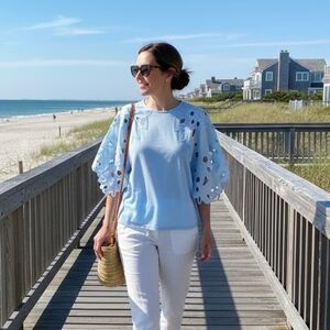 Elegant Light Blue Floral Sleeve Blouse